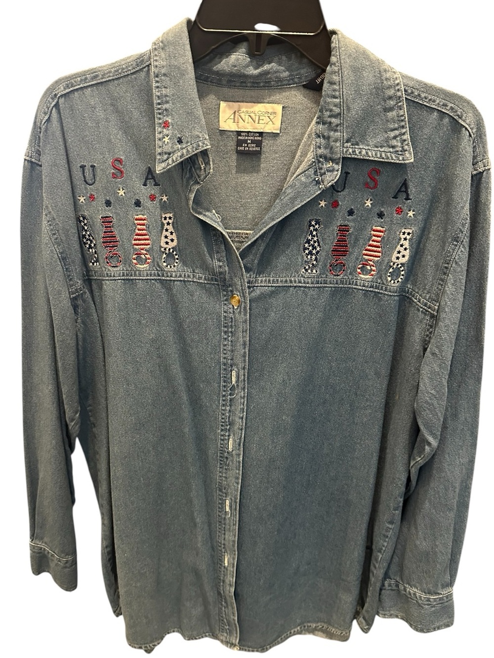 Casual Corner Annex Embroidered Cat Denim Shirt Medium USA